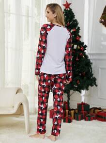 2pcs Women's Christmas Family Matching Pajamas, Cute Snowman & Reindeer Plaid Long Sleeve Top And Long Pants, Holiday Comfort Sleepwear Set, Fall Clothes - White - View 2