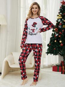 2pcs Women's Christmas Family Matching Pajamas, Cute Snowman & Reindeer Plaid Long Sleeve Top And Long Pants, Holiday Comfort Sleepwear Set, Fall Clothes - White - View 3