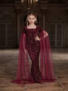 Tween Girl Sparkly Mermaid Formal Dress Featuring A Square Neckline, Floor-Length And Sheer Long Sleeves