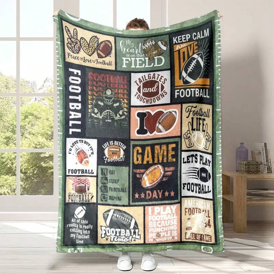 橄欖球毯,足球毯,印花披毯,柔軟法蘭絨舒適毯子,輕盈模糊印花毯,適用於沙發床辦公室旅行露營椅,投射大小溫暖絨毯;適用於所有季節的男孩女孩成年人學生禮物捐贈