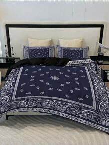 Juego De Funda De Edredón Con Estilo Pañuelo De Cachemira, 3 Uds. Con Fundas De Almohada, Juego De Cama De Poliéster Perfecto Para Decoración De Dormitorio Y Dormitorio - Azul y blanco - Ver 6