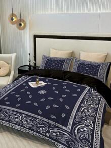 Juego De Funda De Edredón Con Estilo Pañuelo De Cachemira, 3 Uds. Con Fundas De Almohada, Juego De Cama De Poliéster Perfecto Para Decoración De Dormitorio Y Dormitorio - Azul y blanco - Ver 4
