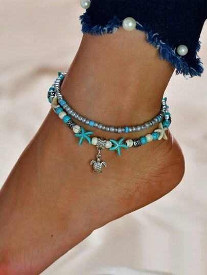 1pc Vintage Starfish & Sea Turtle Multi-Layer Beach Anklet, Unique Design (Beads Quantity & Color Random)