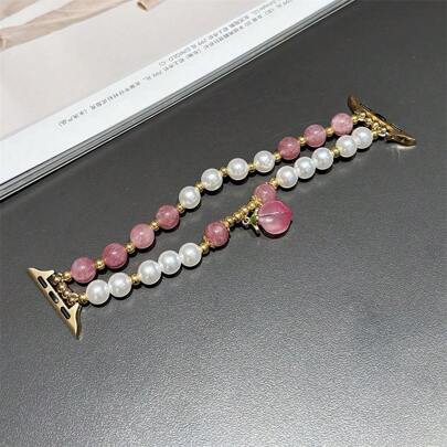 1pc Fresh And Simple Creative Peach&Strawberry Crystal Natural Stone Watchband Compatible With Apple Watch 49mm/45mm/42mm/44mm Men's And Women's Adjustable Replacement Wristband Compatible With Apple Watch Ultra2 Series 9/8/7/6/5/4/3/2/1 Se2/Se