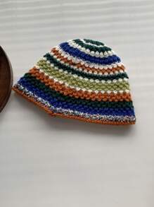 1入組彩虹色y2k條紋鉤針編織漁夫帽,冬季,可愛且保暖,男女皆宜 - 橘色 - 查看 3