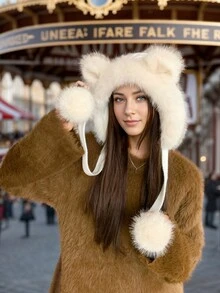 冬季保暖女用翻耳帽韓式厚毛絨針織帽可愛貓耳毛線頭套 - 白色 - 查看 6