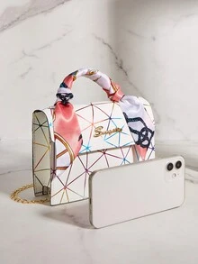 Fashionable Silk Scarf Chain & Mesh Pattern Crossbody & Handbag - Multicolor - View 4