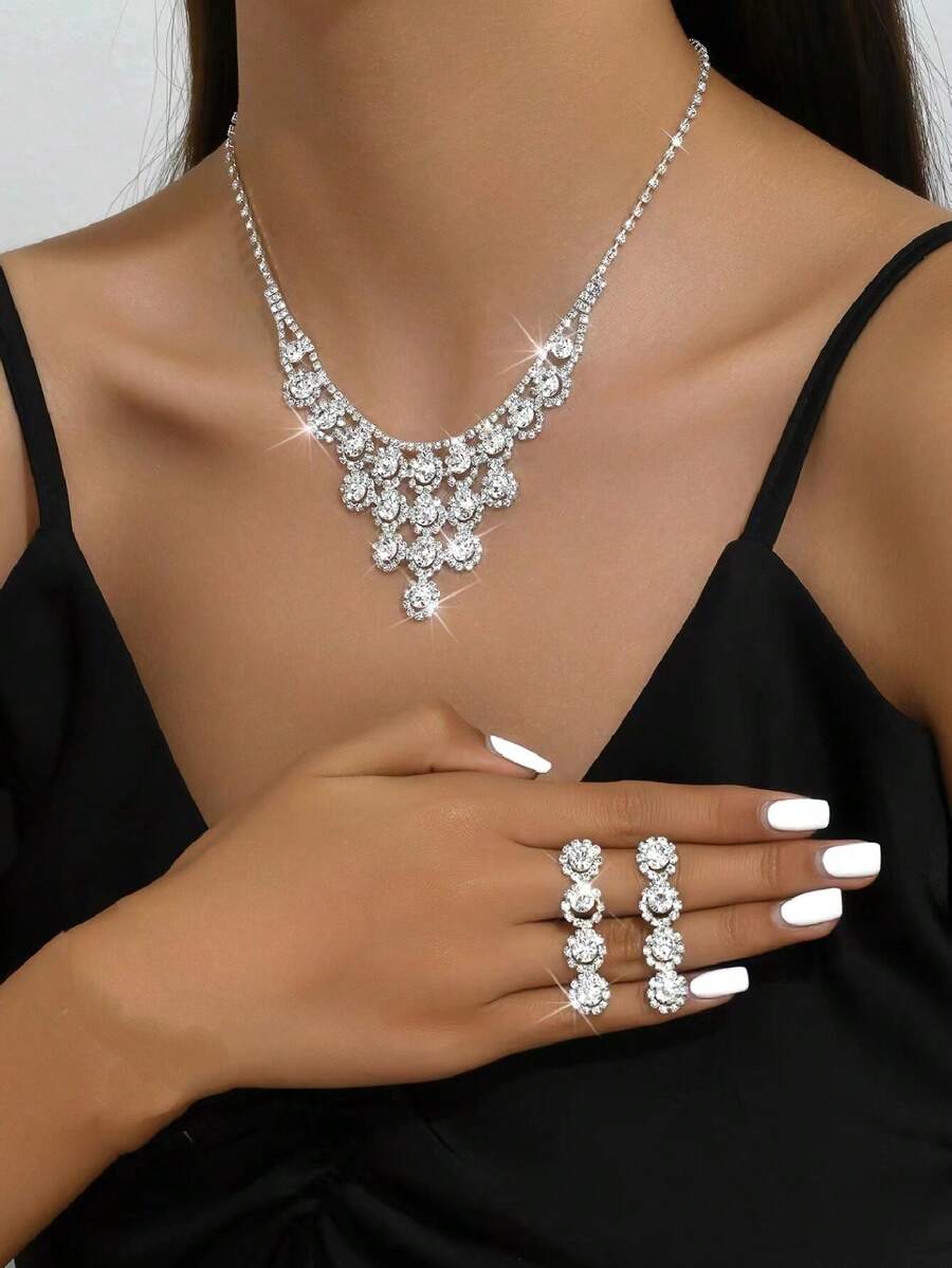 高檔跨境水晶氣泡鑲嵌鑽石項鍊、耳環和手鐲套裝,適用於女士婚禮裝飾