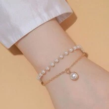 2pcs/Set European And American Fashion Double-Layer Faux Pearl Pendant Necklace For Women, Including Choker And Bracelet - Multicolor - View 9