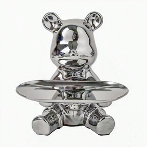 Ceramic Lovely Bear Figurine, Silver Bear With Silver Tray, Living Room/Foyer Key Storage Tray, Wine Cabinet/Desktop Ornament, Cute Bear Interior Decor, Coin Bank