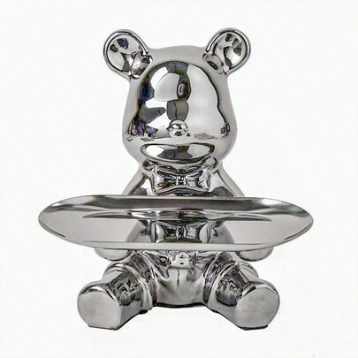 Ceramic Lovely Bear Figurine, Silver Bear With Silver Tray, Living Room/Foyer Key Storage Tray, Wine Cabinet/Desktop Ornament, Cute Bear Interior Decor, Coin Bank