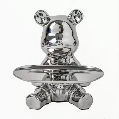 Ceramic Lovely Bear Figurine, Silver Bear With Silver Tray, Living Room/Foyer Key Storage Tray, Wine Cabinet/Desktop Ornament, Cute Bear Interior Decor, Coin Bank