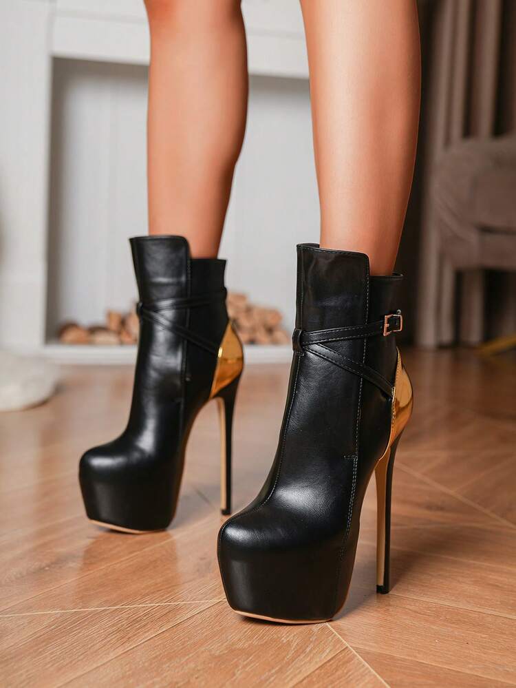 歐美風格紅金配色性感派對舞鞋,適合走秀、宴會、日常百搭,防水台高跟,皮帶扣設計款式多,大碼女靴,有45碼的鞋尺碼 - 黑色 - 查看 3