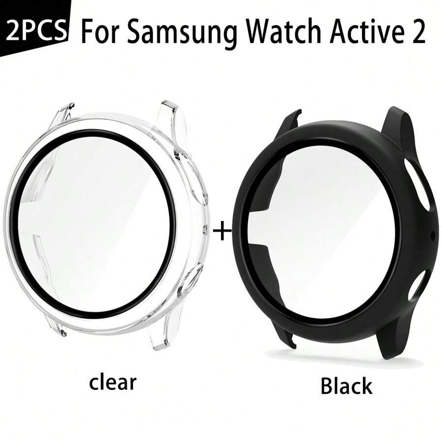 2pcs Solid Color Watch Case And Screen Protector Compatible With Samsung Galaxy Watch Active 2/Galaxy Watch Active - Transparent+Black - View 1