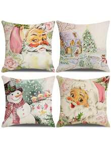 4pcs Màu hồng Giáng sinh Vỏ gối Bộ , In ấn Ông già Noen , Người tuyết Và Cây thông noel Mẫu Đối với Nhà  , Phòng , Phòng ngủ , Phòng khách , Ô tô/xe hơi , Sofa Đồ trang trí - Hồng - Xem 1