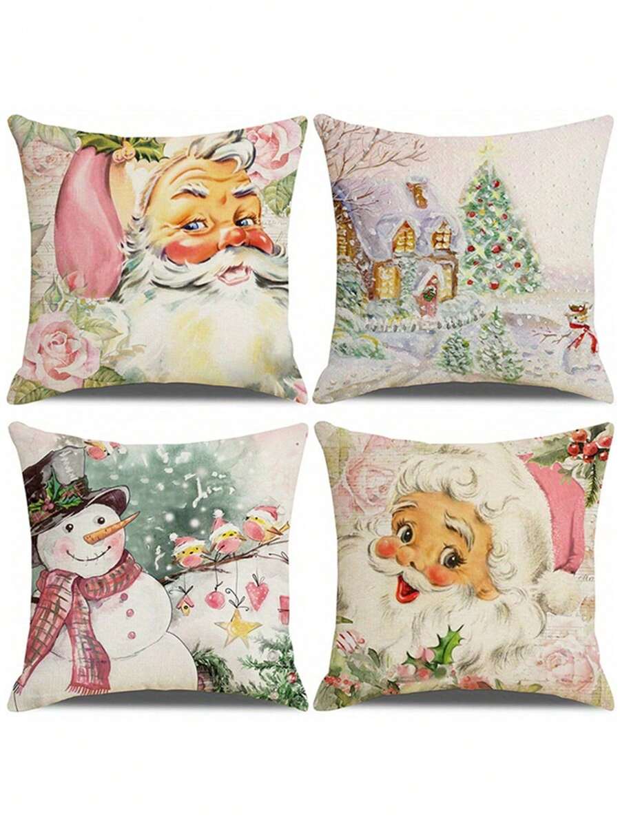 4pcs Màu hồng Giáng sinh Vỏ gối Bộ , In ấn Ông già Noen , Người tuyết Và Cây thông noel Mẫu Đối với Nhà  , Phòng , Phòng ngủ , Phòng khách , Ô tô/xe hơi , Sofa Đồ trang trí - Hồng - Xem 1