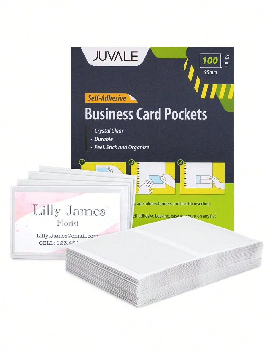 Stockroom Plus 100-Pack Clear Business Card Pockets Holders 3.75x2 In, Self-Adhesive Side Load Plastic Protector, Sleeves Labels, Bulk Set For Storage, Organization, Labeling Bins, Folders, And Files - 白色 - 查看 1