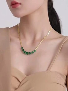 1 條不銹鋼蛇骨鏈,帶有玻璃鑲嵌裝飾,適合女士日常佩戴 - 金黃色 - 查看 3