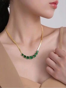 1 條不銹鋼蛇骨鏈,帶有玻璃鑲嵌裝飾,適合女士日常佩戴 - 金黃色 - 查看 4