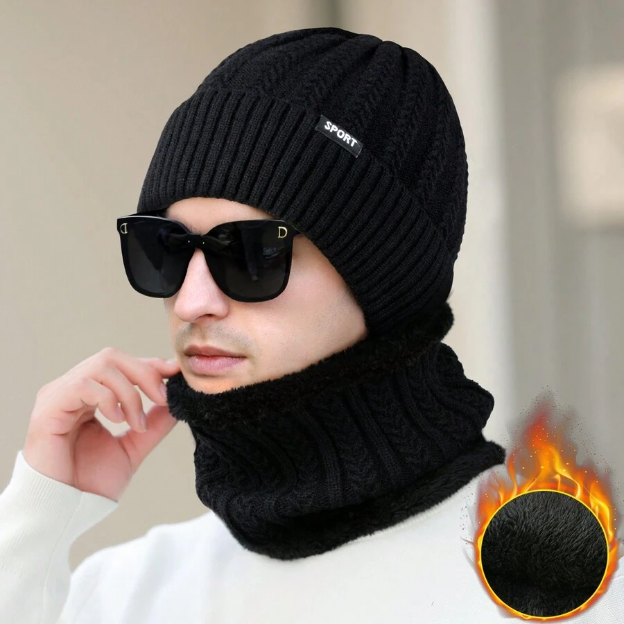 1頂時尚黑色冬季漁夫帽,男女最新編織針織帽,加厚羊毛運動帽帶防護耳,保暖戶外帽,熱門時尚頸部保暖帽套裝