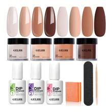 Gelhr 11件套浸泡式指甲套裝,4種顏色裸紅紫貼膜棕色中性浸泡指甲套裝,含底膜液、指甲工具,基本的浸泡指甲套裝,不需要光線,省時diy美甲 - 棕色 - 查看 2