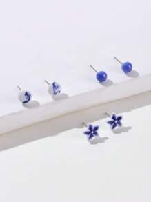 3 đôi Của phụ nữ vui tươi Sứ Xanh & Trắng Gốm sứ Bông tai stud Giáng sinh Qủa tặng - Màu xanh lam - Xem 1