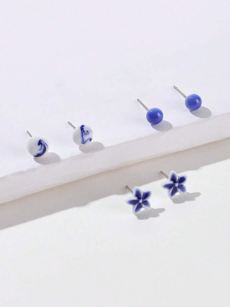 3 đôi Của phụ nữ vui tươi Sứ Xanh & Trắng Gốm sứ Bông tai stud Giáng sinh Qủa tặng - Màu xanh lam - Xem 1