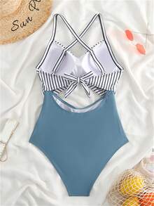 Striped Print Cut Out Criss Cross Ruched Side Onepiece Swimsuit Summer