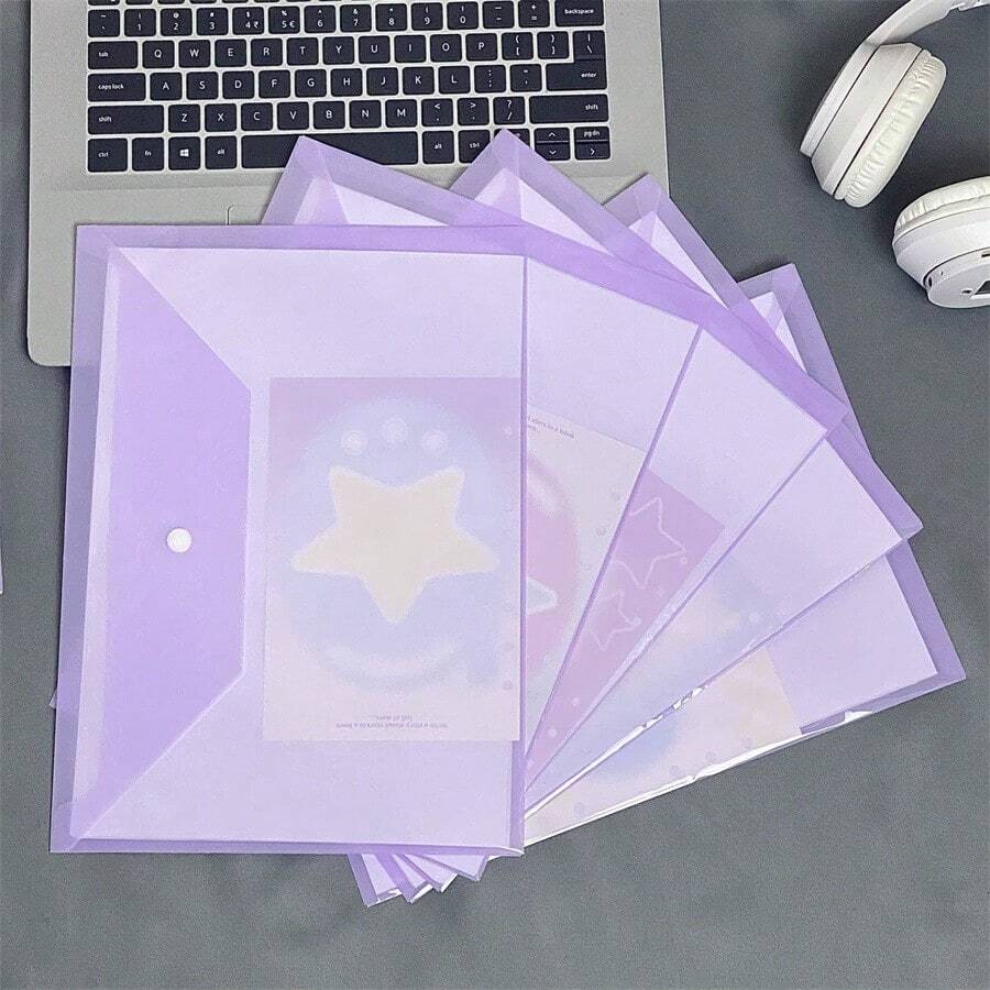 5pcs/pack A4 Size Thickened Transparent Plastic Button Document Bag With Large Capacity - Mauve Purple - View 1