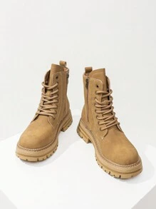 Alan Vincent 2020年秋冬女款高筒戶外徒步靴,帶有鞋帶和拉鍊,卡其色,防滑且耐用的橡膠底,厚實舒適,適合學生 - 黃色 - 查看 3