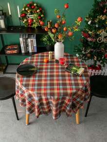 Mantel Navideño A Cuadros, Mantel Redondo De Estilo Americano - Dobladillo a cuadros de colores - Ver 4