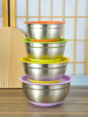QIYINGFA 1pc Stainless Steel Salad Bowl In Random Color, Big Capacity Mixing Bowl With Non-Slip Silicone Bottom And Sealable Lid For Healthy & Reusable Use, Kitchen, Christmas Gift