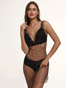 Women Mesh Body Chains Rhinestone Long Sleeve Crystal See Through Cover up Crop Tops Fishnet Bikini - Multicolor - View 7