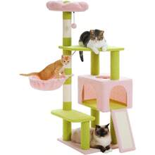 Flower Cat Tree 47.2" Multi Level Cat Tower with Sisal Covered Scratching Posts,Cute Cat Condo for Indoor Small Medium Cats, Pink Top Perch, Ramp, Fluffy Ball, Pink - Pink - View 2