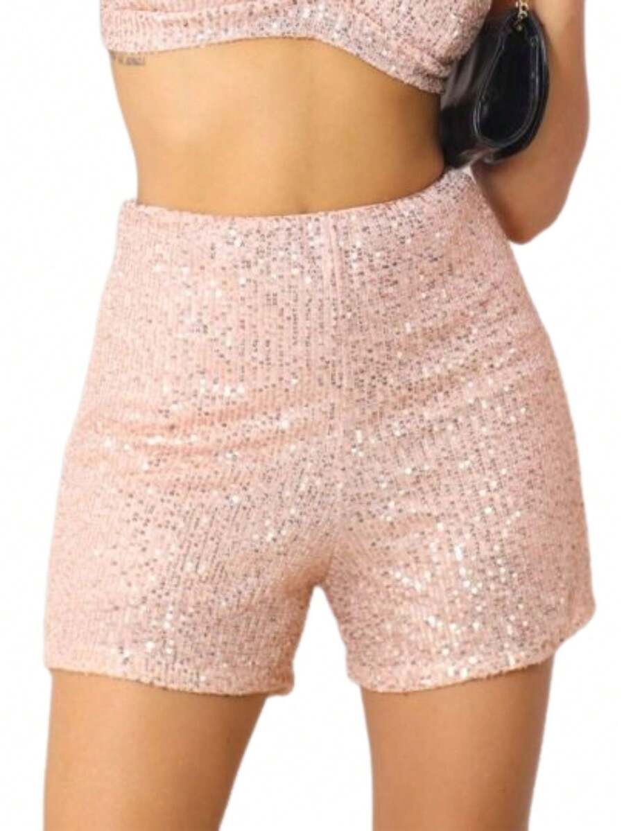 Women's Sequin Shorts With Lining And Zipper - Light - Beige - View 1