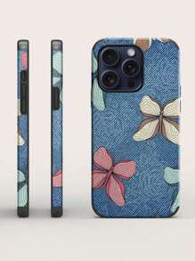 1 chiếc nơ & in hiệu ứng denim chống rơi, chống sốc, dây buộc & giá đỡ nhẫn, vỏ điện thoại vẽ tay bằng da thủ công, tương thích với iPhone 14 Pro Max - Màu xanh lam - Xem 8