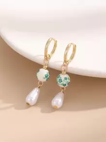 1 par de brincos de cerâmica com pérolas falsas estilo vintage, adequados para uso diário feminino