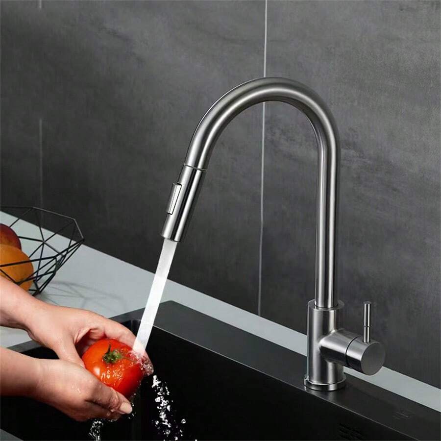 1個拉下式不銹鋼熱冷廚房水龍頭,兩出水口和可旋轉噴嘴,適用於洗碗槽 - 銀色 - 查看 1