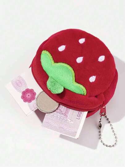 1 pieza Cartera de embrague portátil con estampado de dibujos animados, monedero multifuncional lindo con llavero, bolsa de objetos de fresa para mujeres, regalo de San Valentín para mujeres, billetera mini, monedero