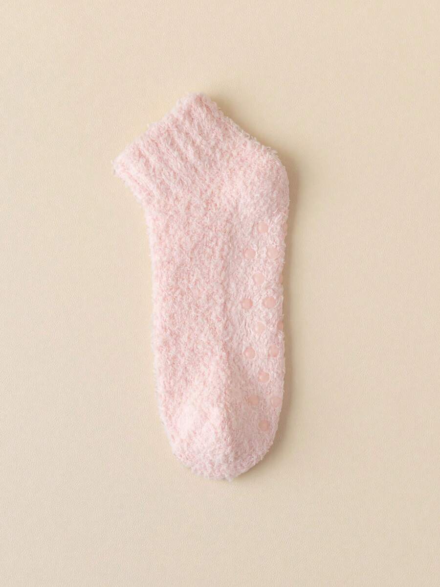 1 đôi Màu hồng Nhung san hô Màu thuần Chống trượt Dày Ấm áp Ngắn Vớ Đối với phụ nữ - Hồng - Xem 1