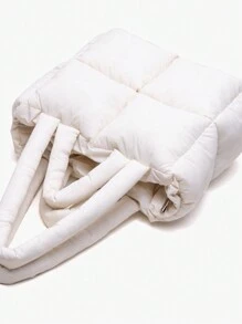 女士墊肩手提袋,帶蓬松拼布設計的羽絨手袋,適用於購物、上學、旅行,蓬鬆羽絨編織手袋 - 白色 - 查看 3