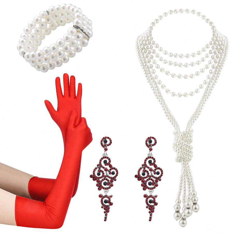 8 件/套新娘婚礼配饰，包括项链、耳环、手套、手链、珍珠耳环、多层链、锁骨链、流苏吊坠、经典 3 层水钻珍珠手链。适合 1920 年代主题派对、舞会和晚宴