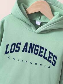 年輕男孩字母圖案絨毛連帽衛衣和慢跑褲套裝 - 綠色 - 查看 3