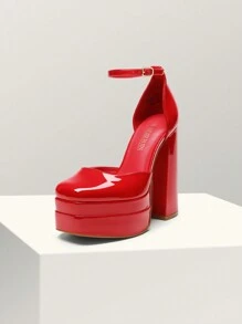 Women High Chunky Platform Closed Toe Block Heels Square Toe Ankle Strap Dress Wedding Party Festival Prom Pumps Shoes - Red - View 4