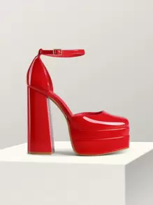 Women High Chunky Platform Closed Toe Block Heels Square Toe Ankle Strap Dress Wedding Party Festival Prom Pumps Shoes - Red - View 6