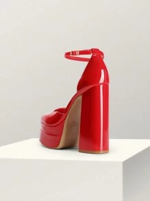 Women High Chunky Platform Closed Toe Block Heels Square Toe Ankle Strap Dress Wedding Party Festival Prom Pumps Shoes - Red - View 5