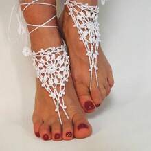 1對鉤針編織裸足涼鞋,海灘腳鏈女士海灘婚禮足部珠寶派對配件