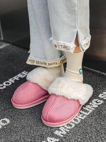 女士柔软毛绒舒适家居拖鞋，适合秋冬季，轻便防滑，具有蓬松保暖内衬，适合室内散步 - 粉色 - 查看 6