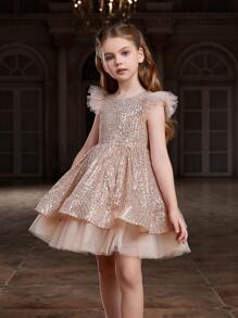 Alisa&Leo Girls' Formal Evening Dress, Round Neck Design, Delicate Ruffle Sleeves, Elegant A-Line Skirt, Suitable For Weddings, Banquets, Awards Ceremonies, Galas And Charity Events. - Champagne - View 7