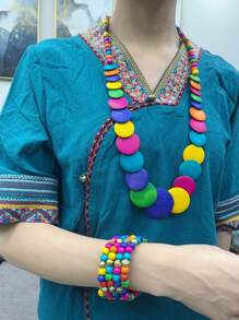 Wooden Bohemian Style Necklace & Bracelet Set - Multicolor - View 1